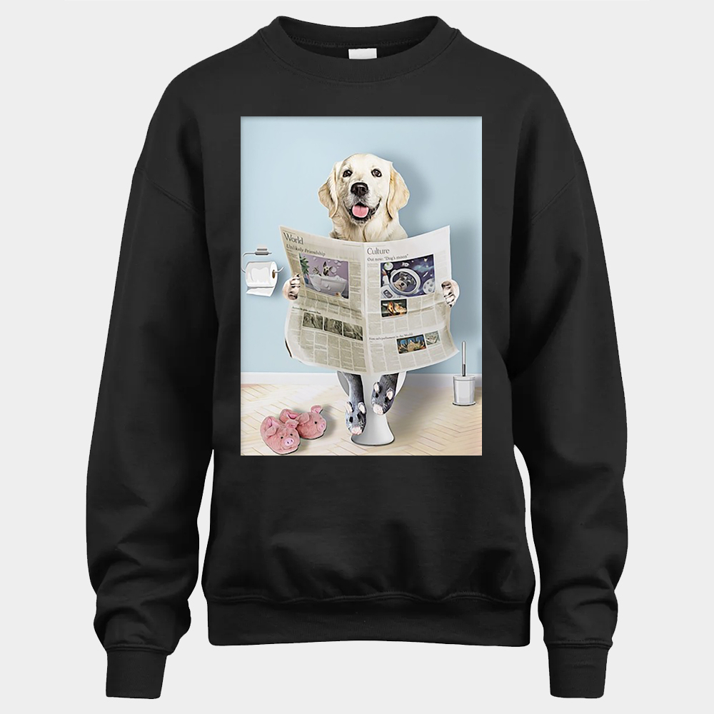 Custom Pet In Read Newspaper In Toilet From Photo Unisex Sweatshirt - Black - Glaxycustom