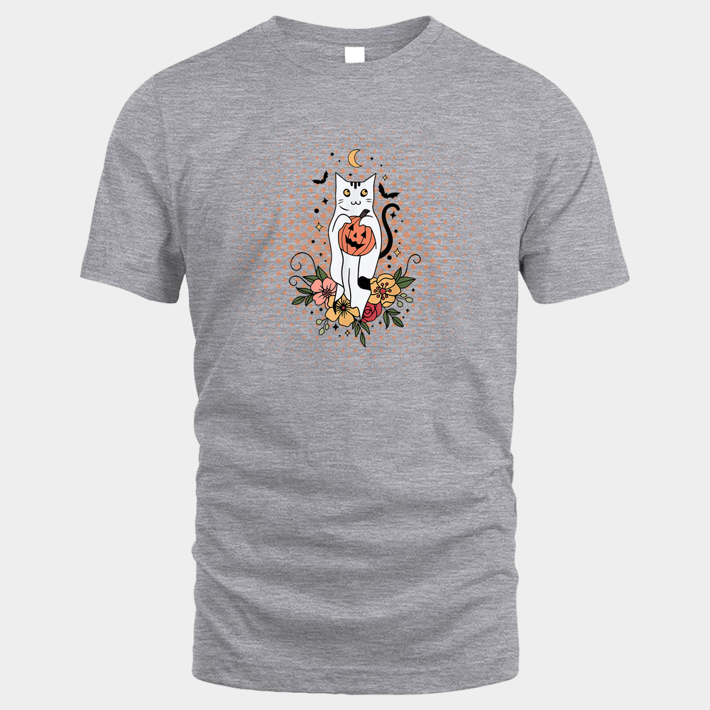 Vintage Floral Halloween Cat Ghost Unisex Tshirt - Sport Grey - Glaxycustom