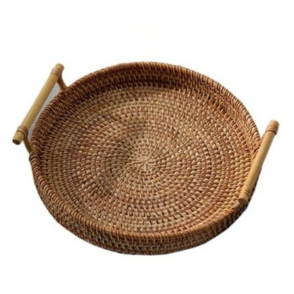 Round rattan tray with wooden handle for storing food