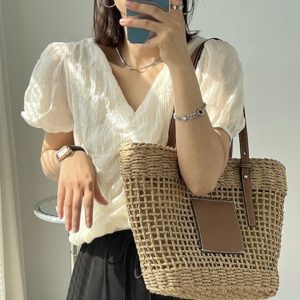 Thinly Woven Sedge Handbag With Leather Strap