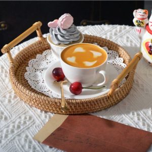 Round rattan tray with wooden handle for storing food