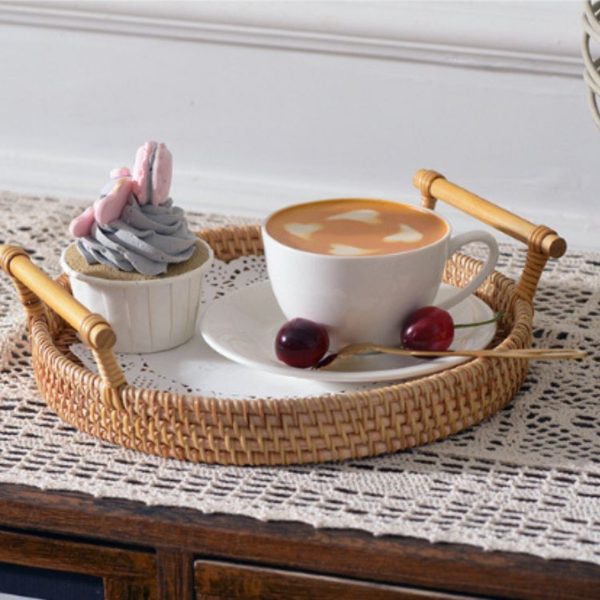 Round rattan tray with wooden handle for storing food