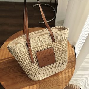 Thinly Woven Sedge Handbag With Leather Strap